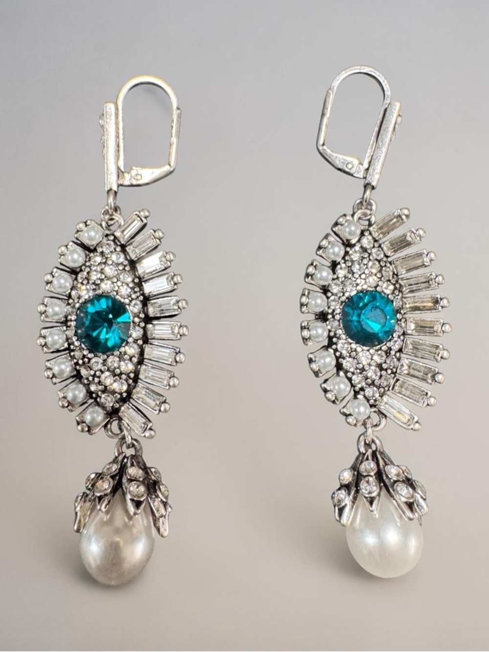 Alexander McQueen Teal Crystal and Faux Pearl Drop Earrings in Silver